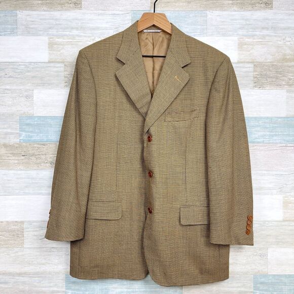 Canali Wool Micro Plaid Sport Coat Tan Blue 3 Button Italy Mens 40R (50 EUR)